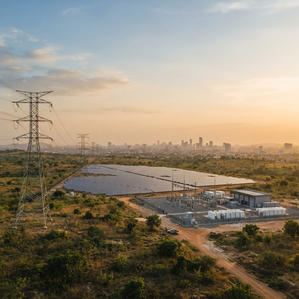Nigerian energy infrastructure with transmission towers and a solar array at golden hour