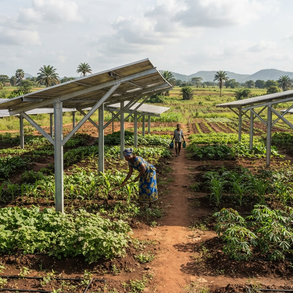 Elevated solar structures integrated believably with cultivated farmland, with crops growing beneath and around the mounting