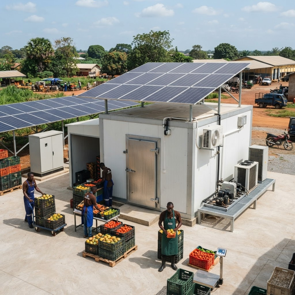 Solar-powered agricultural cold-storage facility with insulated cold room, refrigeration hardware and produce handling at an aggregation centre