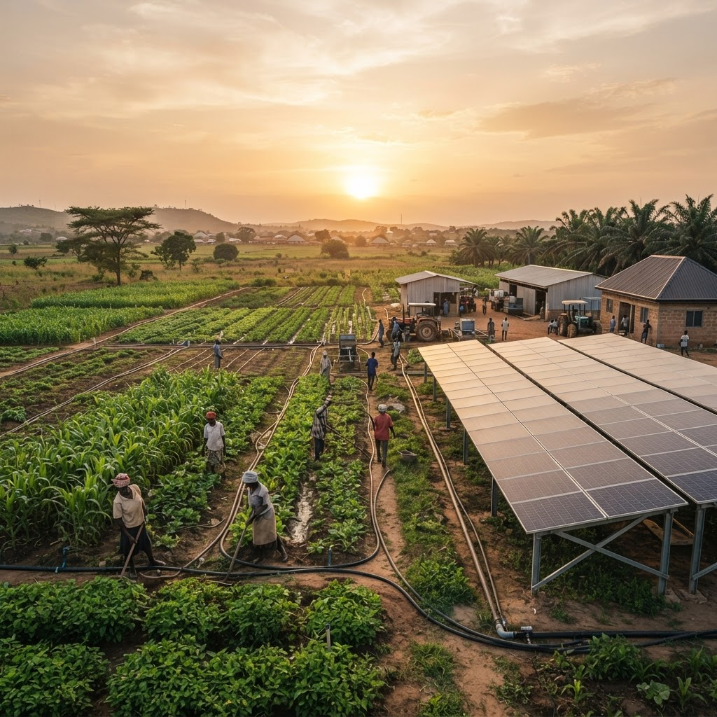 Productive commercial farm at golden hour with integrated solar energy infrastructure