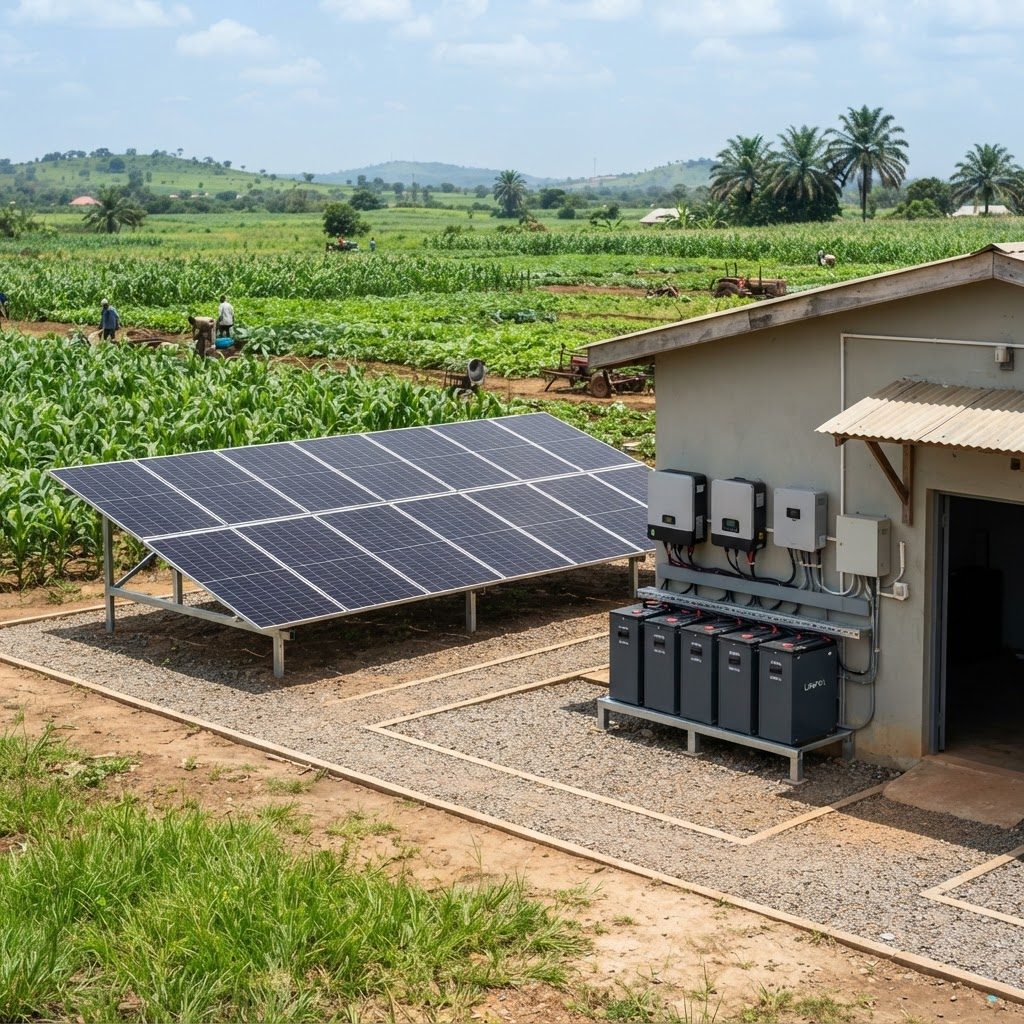 Solar panels and a battery cabinet powering irrigation beside cultivated farmland
