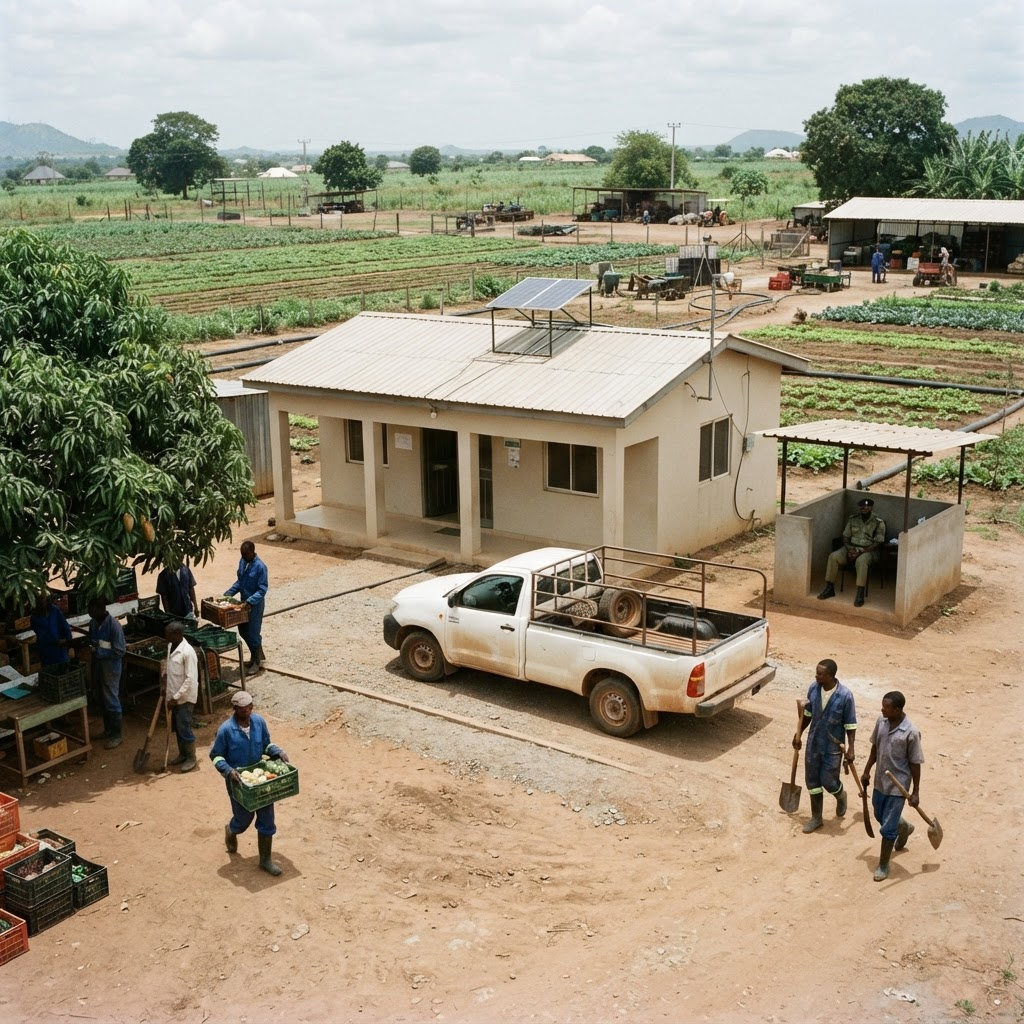 Day-to-day operations at an organised commercial farm with a simple administrative office, solar lighting, security post and utility vehicle