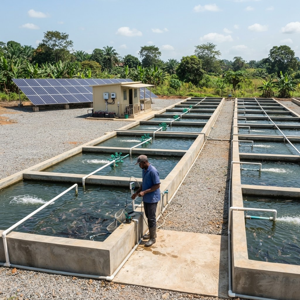 Organised aquaculture operation with fish ponds, aeration and water-pumping equipment powered by a solar array and battery enclosure