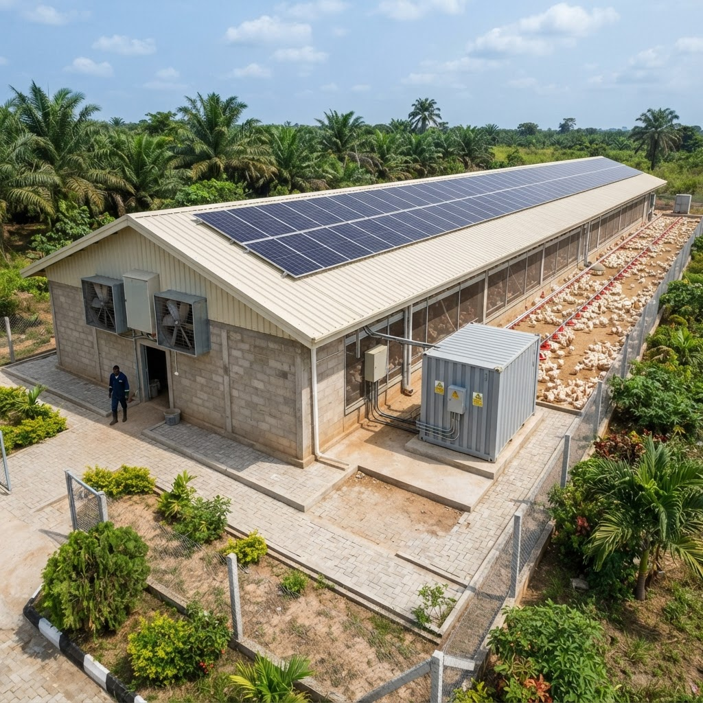 Well-run commercial poultry and livestock facility with ventilation, lighting and water systems supported by a discreet rooftop solar array