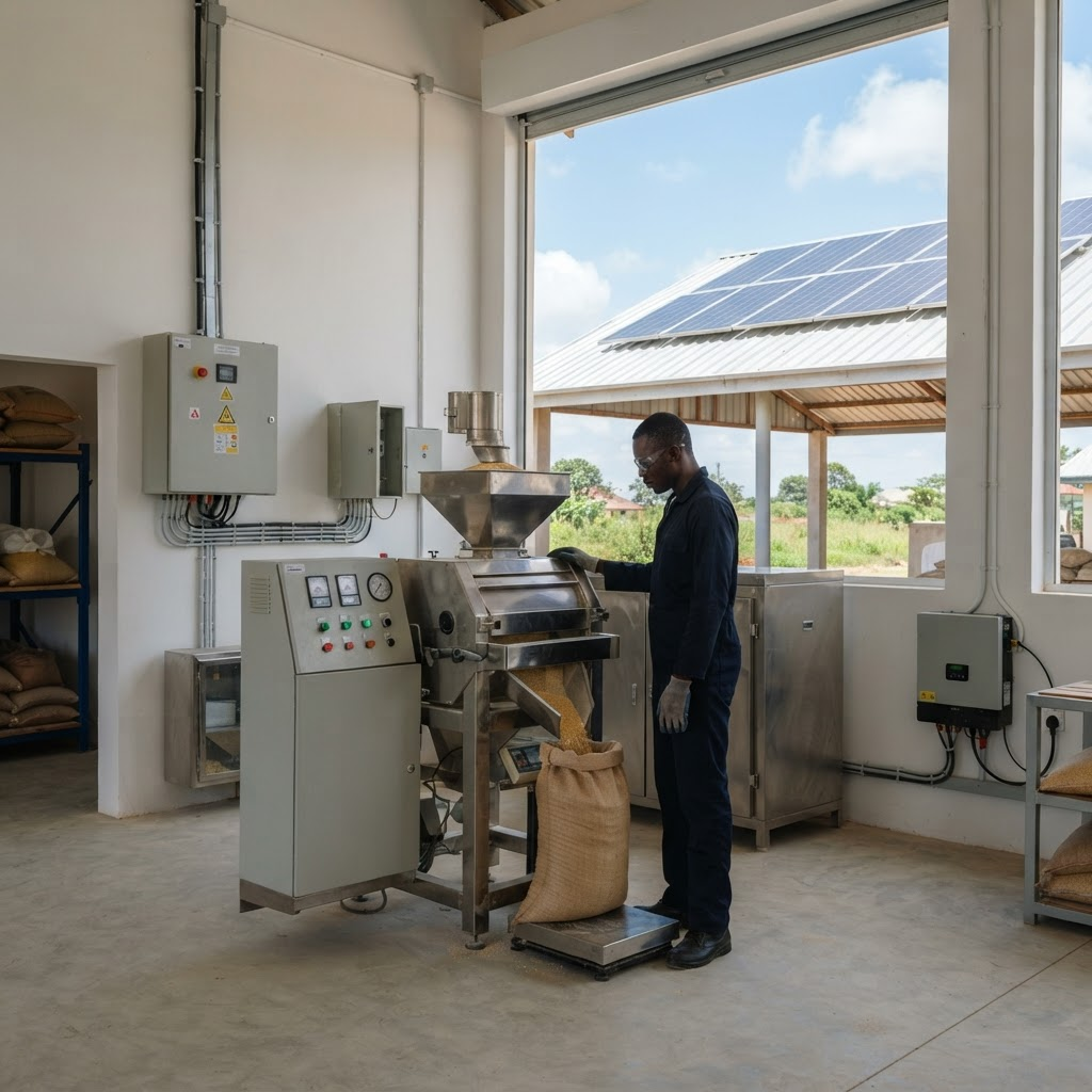 Credible agro-processing facility with clean milling and grading equipment, electrical distribution and a worker operating machinery safely
