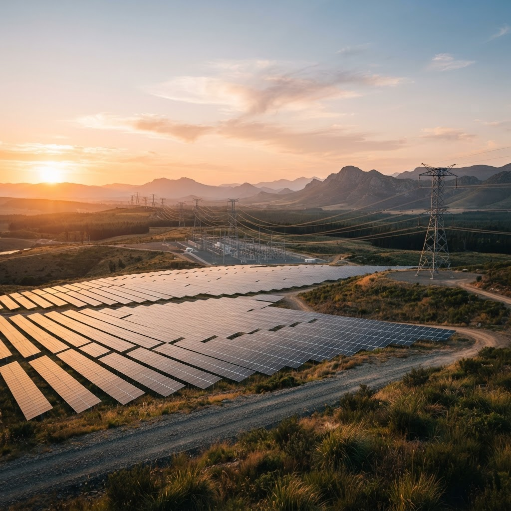 Integrated Nigerian energy landscape with solar array, transmission towers and a gas-processing facility