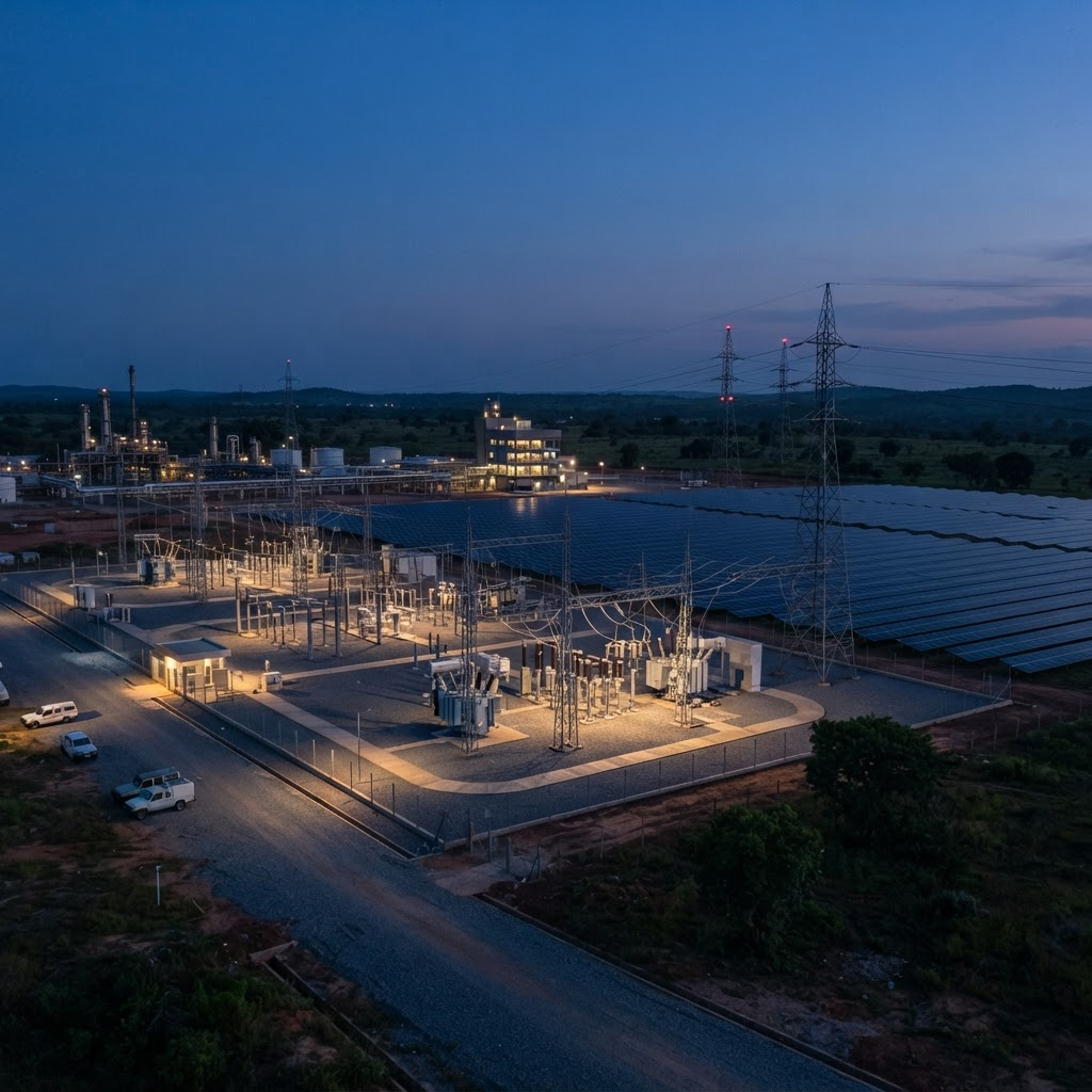 Integrated energy and infrastructure complex at dusk with a substation, solar array and industrial facilities
