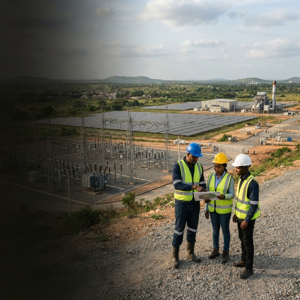 Integrated energy project environment in a Nigerian setting with a substation, solar arrays and technical personnel reviewing project activity