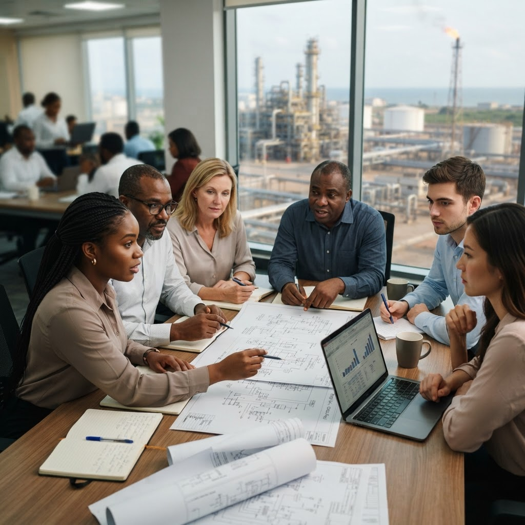 International and Nigerian energy professionals collaborating over engineering drawings and project documents