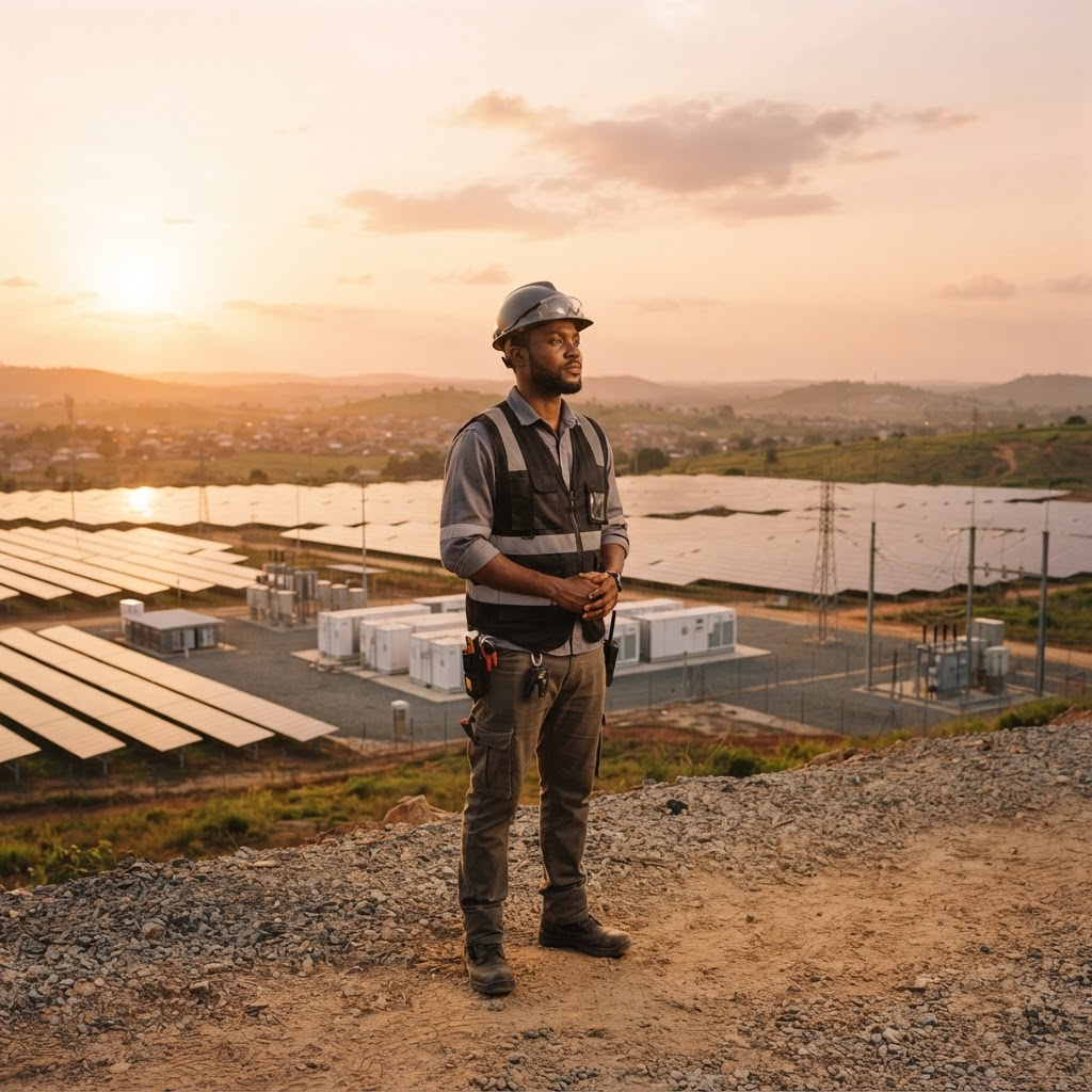An engineer in PPE looking out over a modern MEELK Energy solar and infrastructure project at golden hour