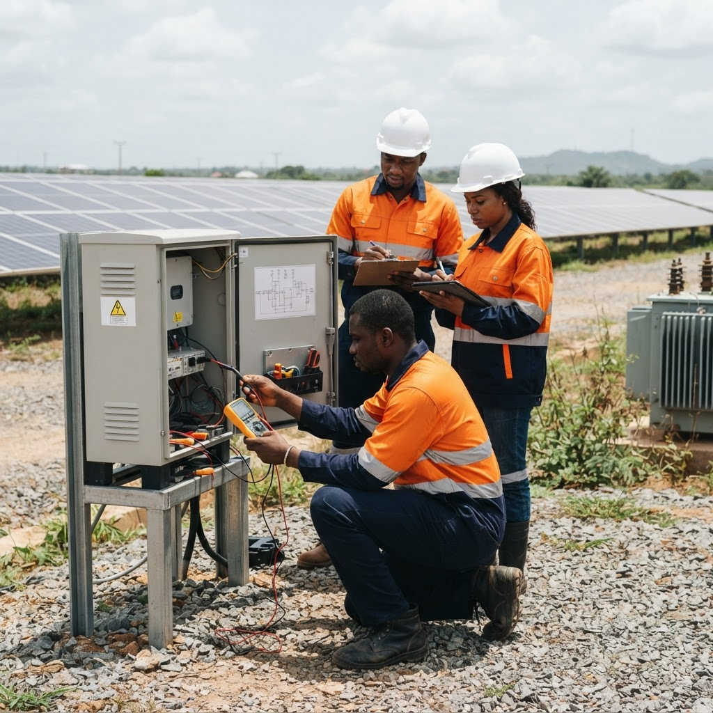 MEELK Energy technicians and a field engineer in PPE working hands-on with electrical and solar equipment at an installation site