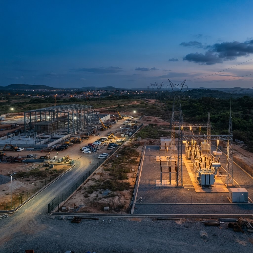Nigerian energy and infrastructure landscape at dusk where development land meets modern energy infrastructure