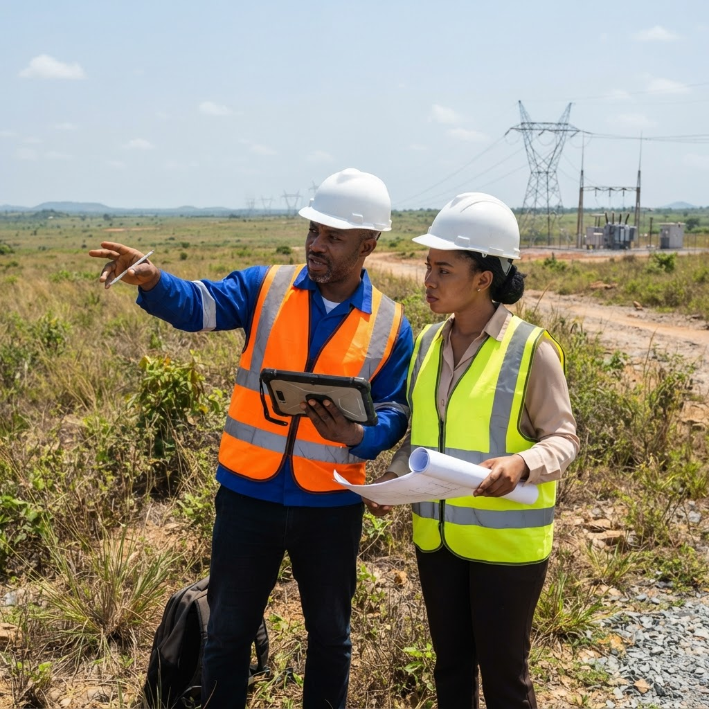 Nigerian professionals conducting a technical site assessment on land earmarked for an energy project