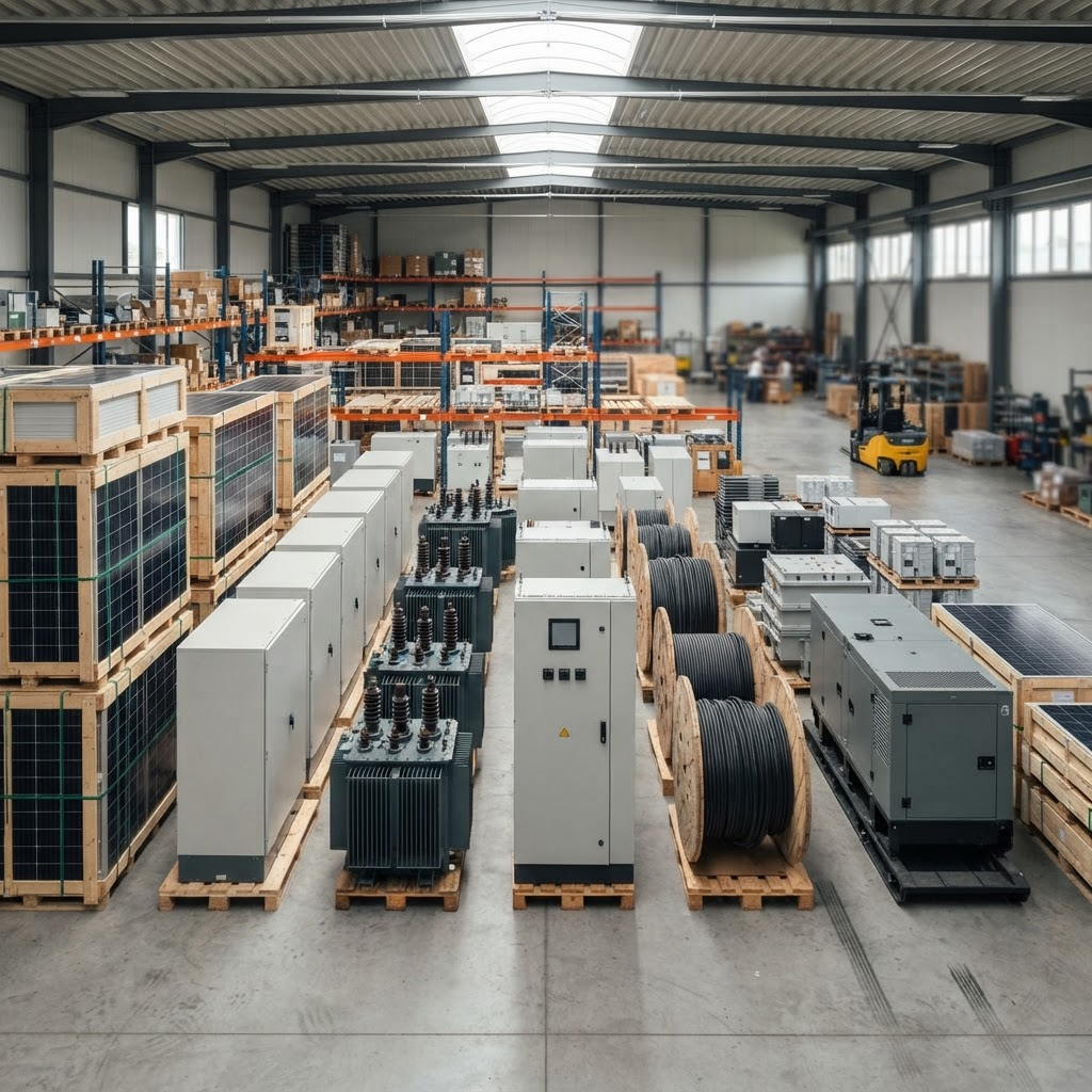 Energy equipment organised in a staging yard — solar modules, inverters, transformers, switchgear and cable drums