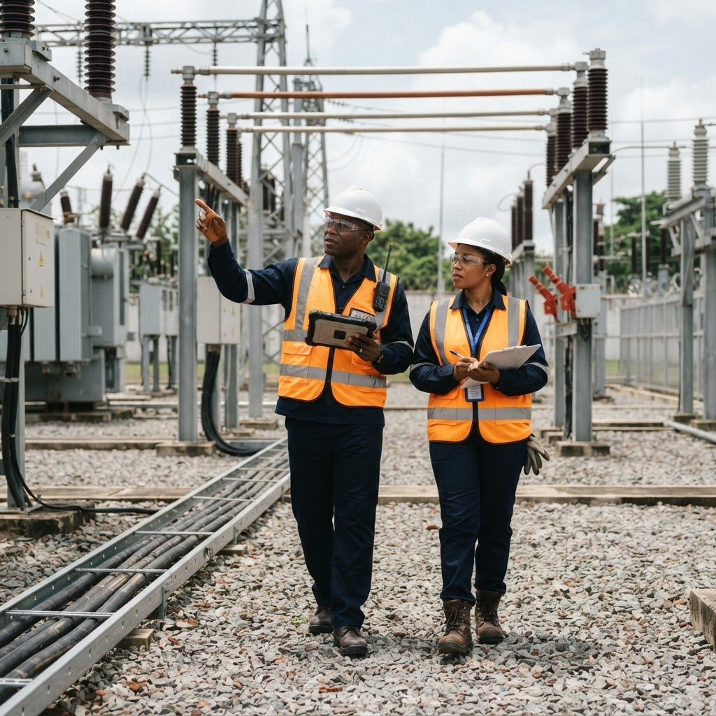 Nigerian technical personnel in protective equipment conducting a safety walkdown at a power facility