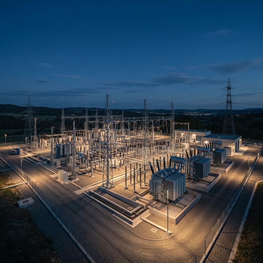 Modern electrical substation and power-infrastructure complex at dusk