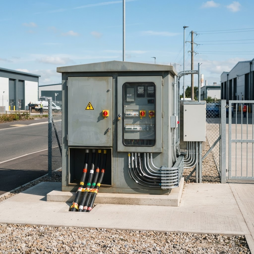 Medium- and low-voltage electrical distribution infrastructure with a packaged substation and distribution panels at an industrial estate