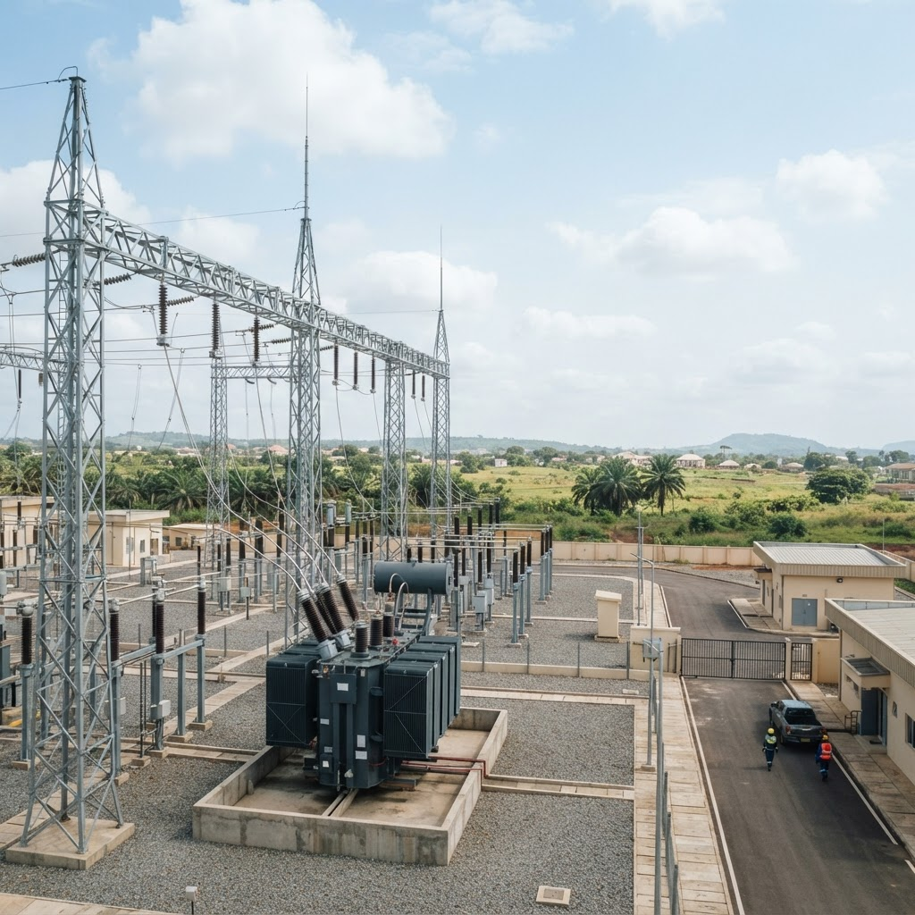 Modern electrical substation with medium- and high-voltage infrastructure in a Nigerian industrial setting