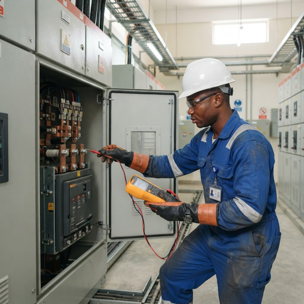 Electrical technician in PPE performing preventive maintenance on medium-voltage switchgear in a clean substation building
