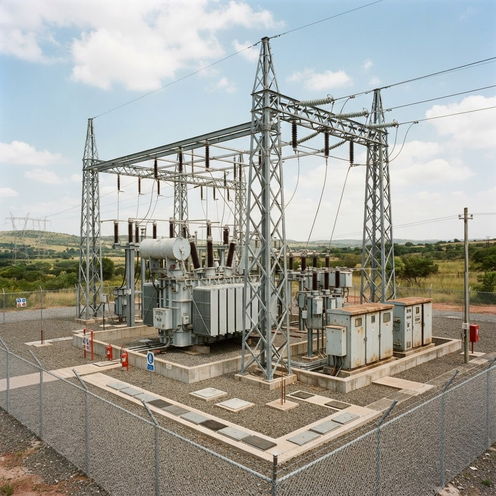 Technically credible electrical substation with a power transformer, switchgear and busbars