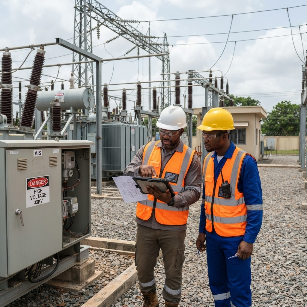 Two engineers in hard hats and hi-vis vests supervising work at an electrical substation, reviewing drawings on a tablet
