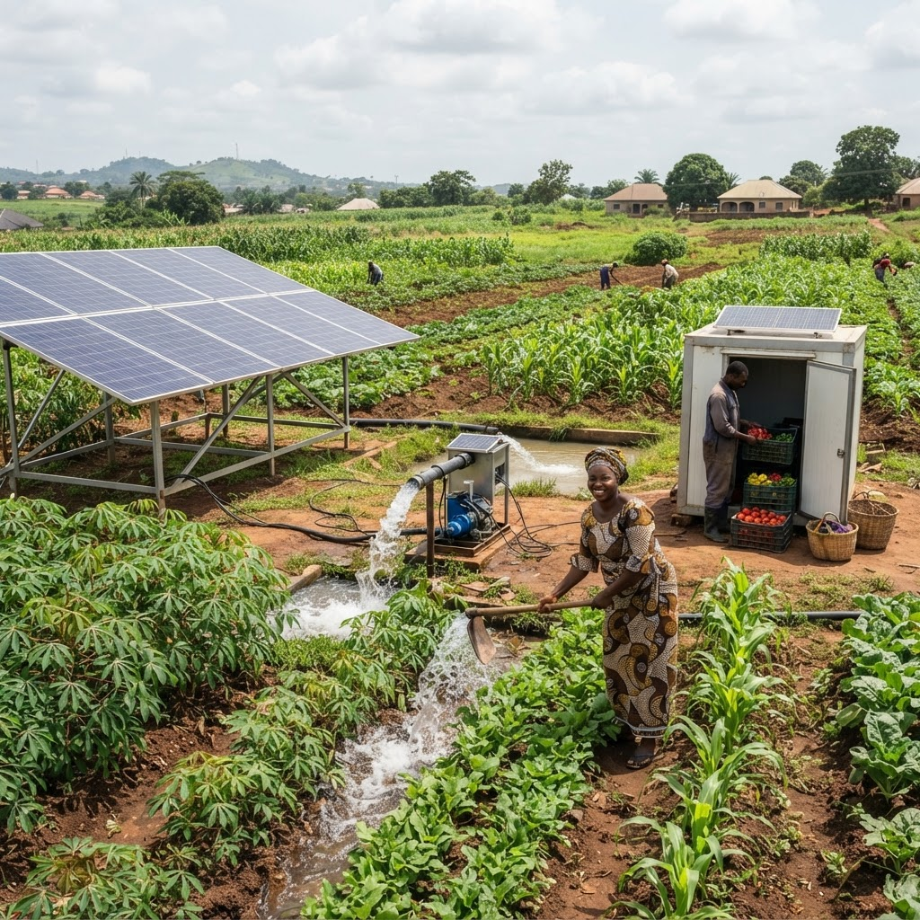 Solar-powered irrigation beside cultivated farmland