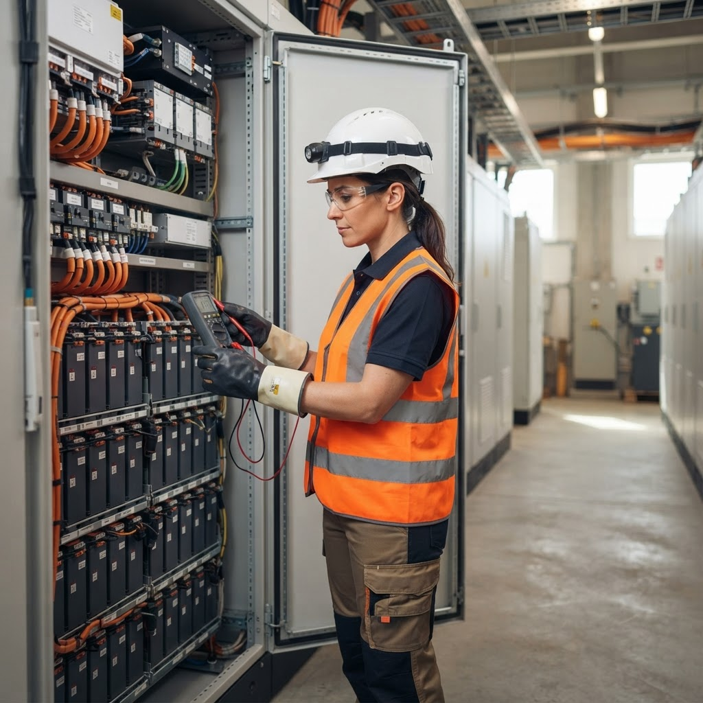 A field engineer in correct PPE inspecting electrical switchgear during scheduled maintenance in a clean, orderly plant environment