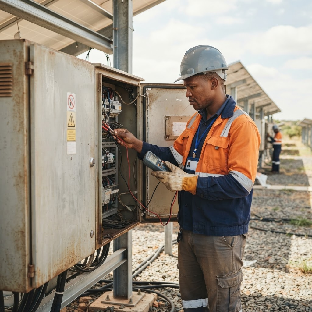Field engineer performing maintenance and inspection on energy equipment
