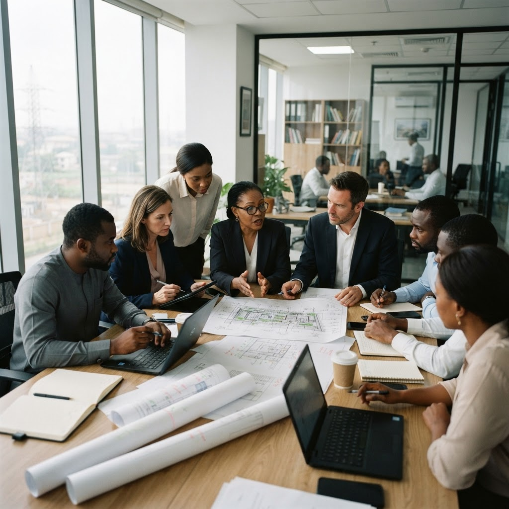 Local and international professionals collaborating on an energy project