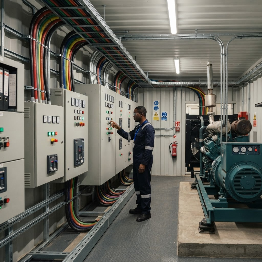 Organised electrical power room with distribution panels