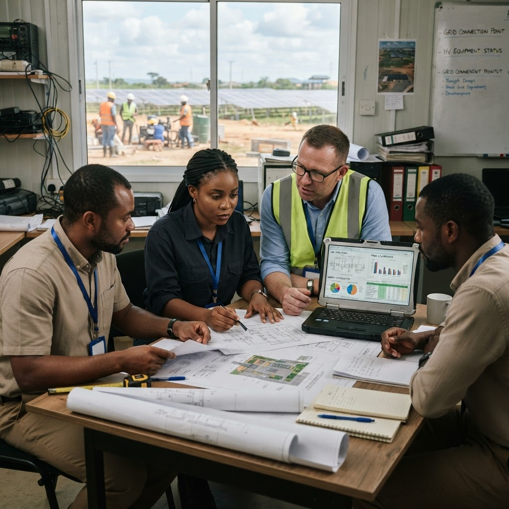 Energy project developers reviewing technical and commercial documentation