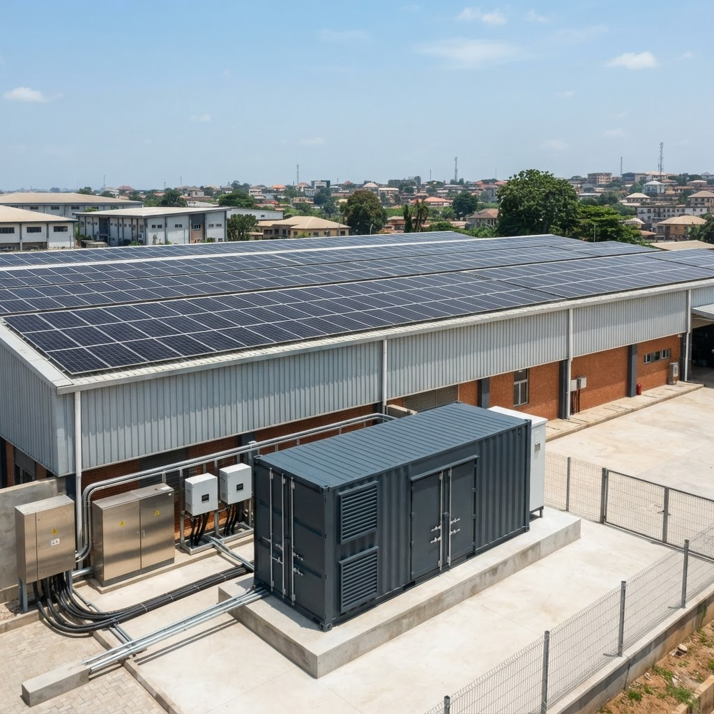 A commercial battery energy storage system with inverters alongside a solar array