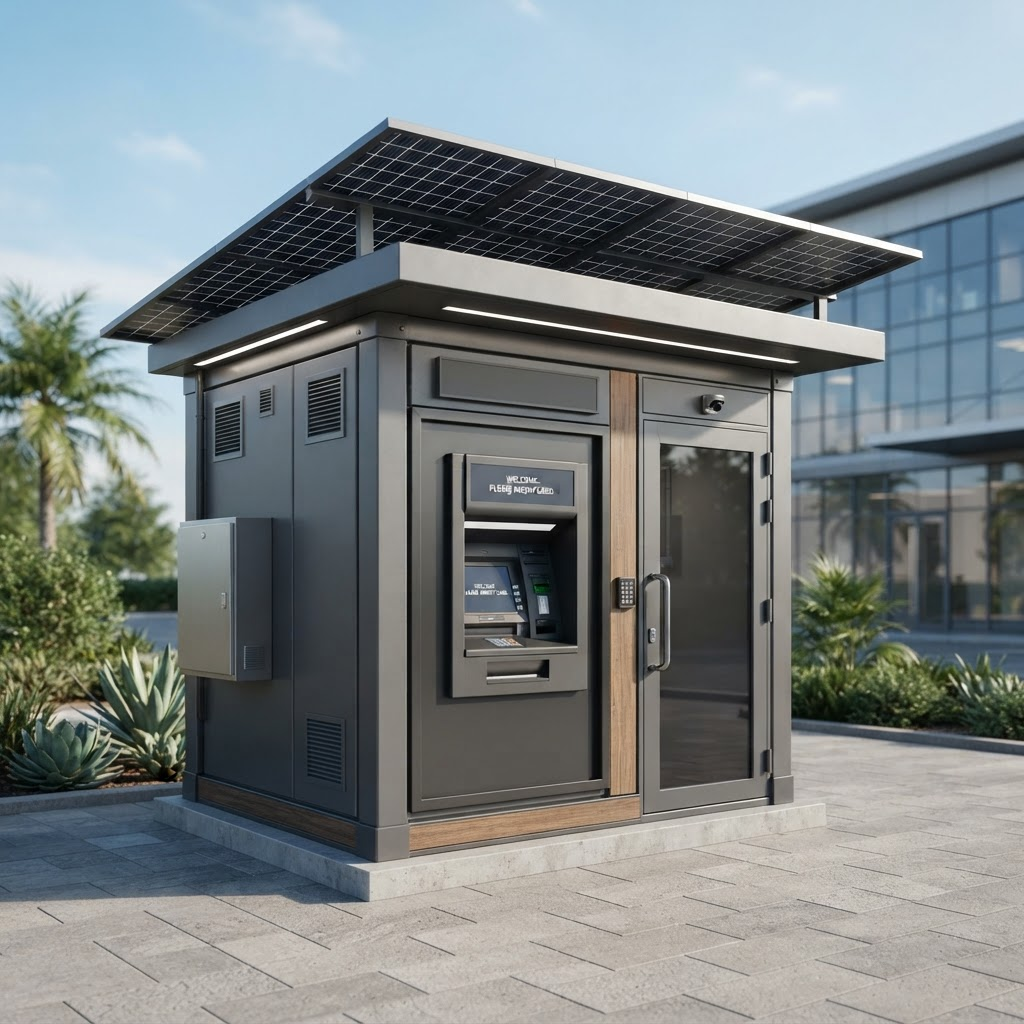 Secure modular solar-powered ATM and banking-agent booth in a Nigerian institutional compound