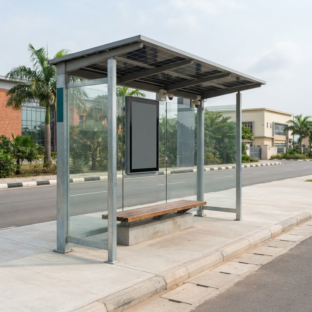 Modern solar-powered public transport bus shelter with integrated lighting and display