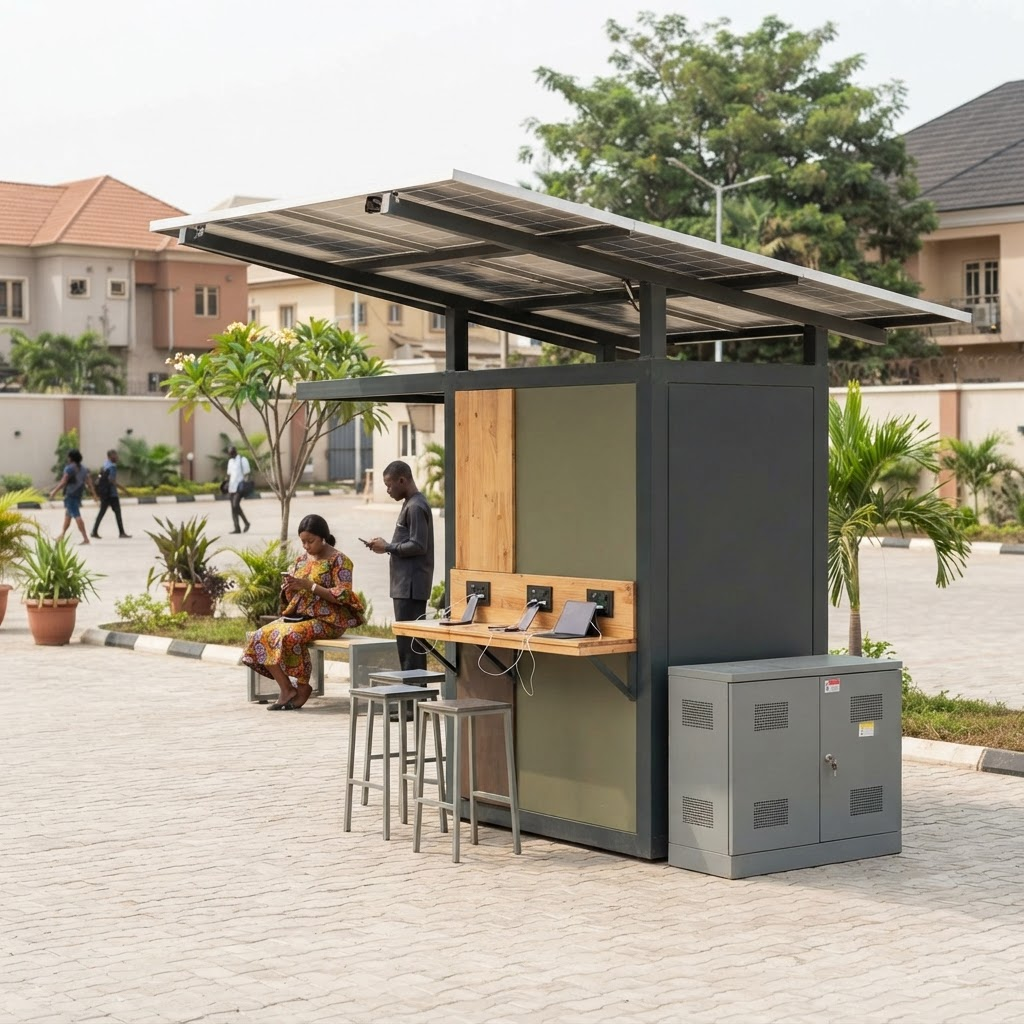 Solar-powered public device charging hub with a canopy on a Nigerian university campus
