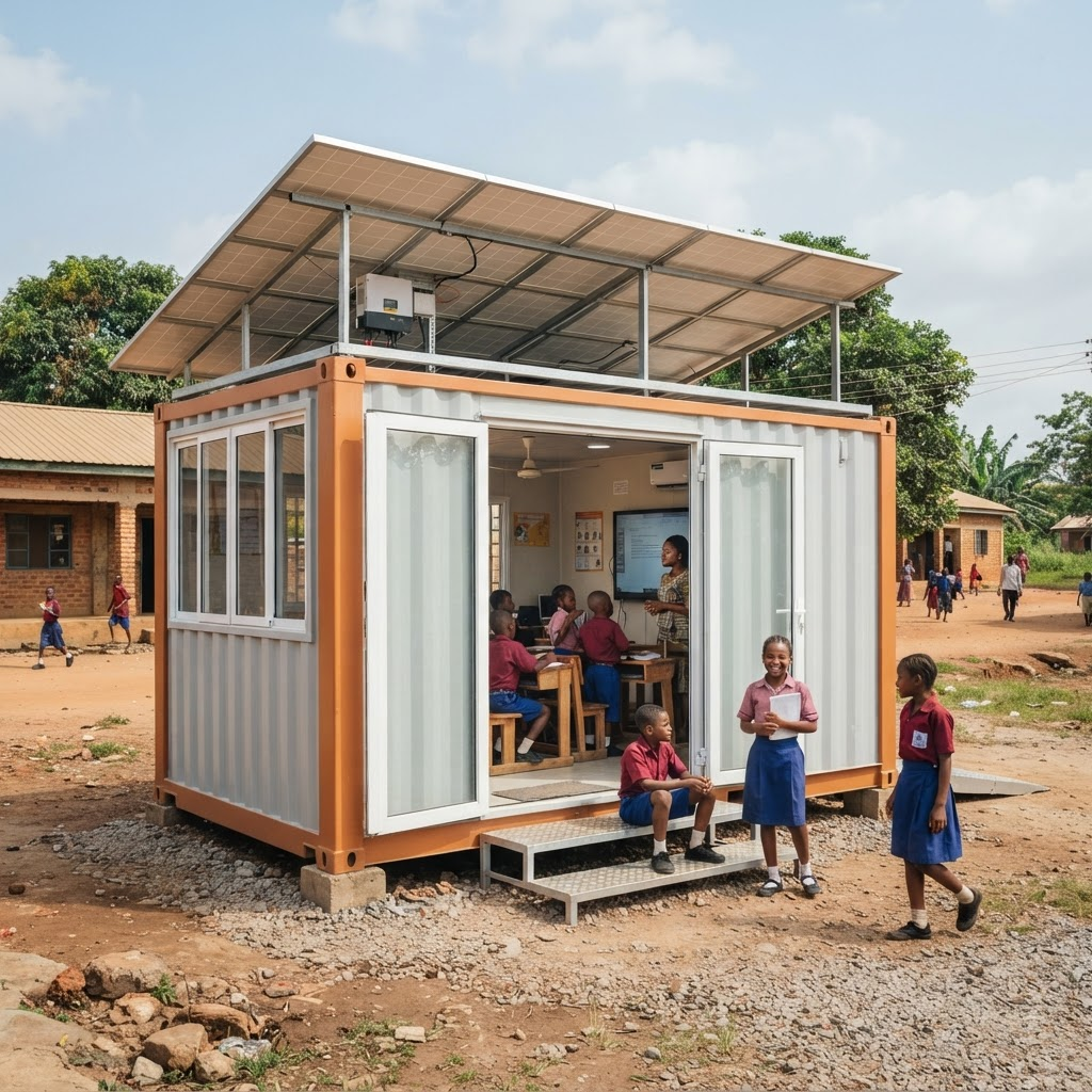Modular solar-powered classroom pod with students at a Nigerian school