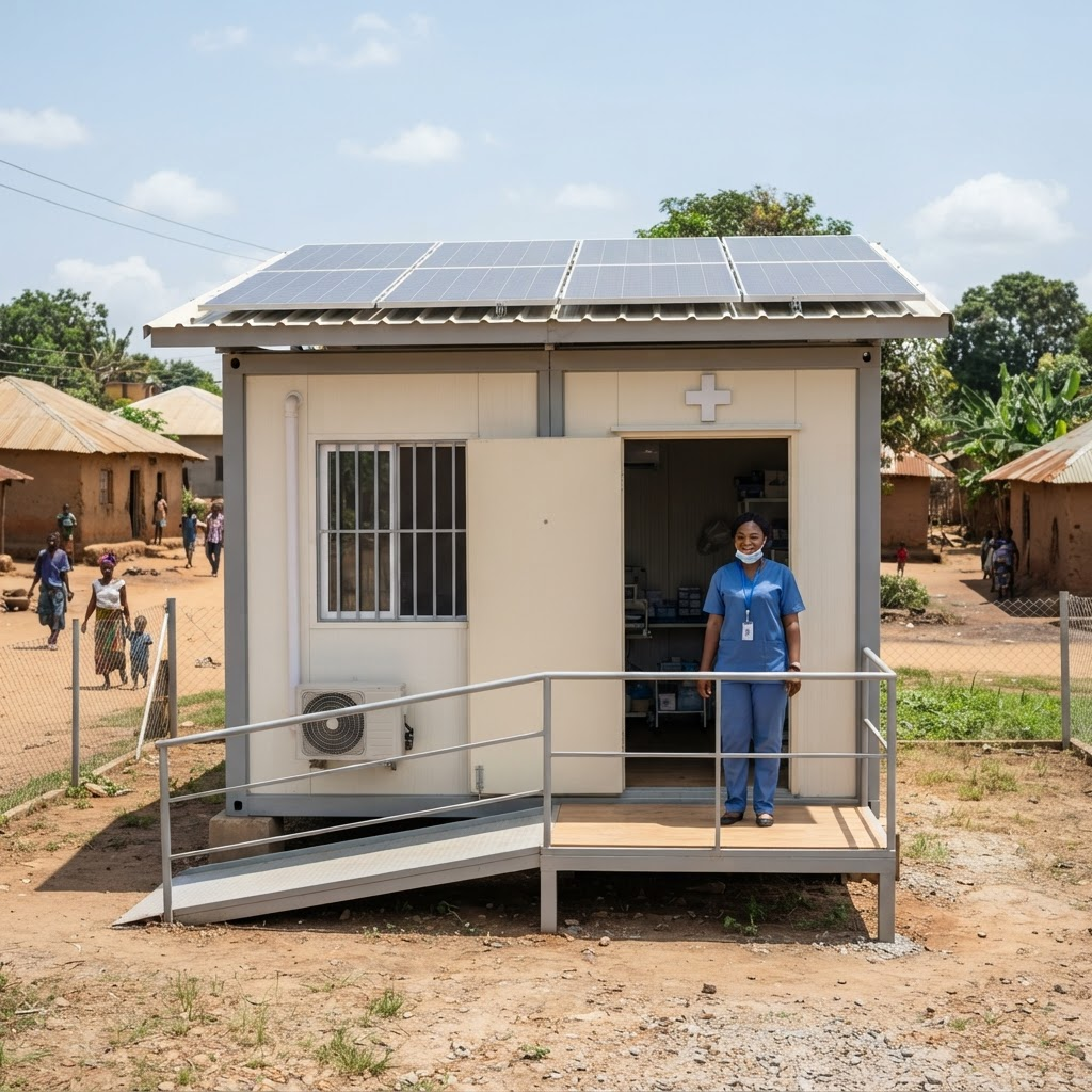 Modular solar-powered health service pod with a healthcare worker in a Nigerian community