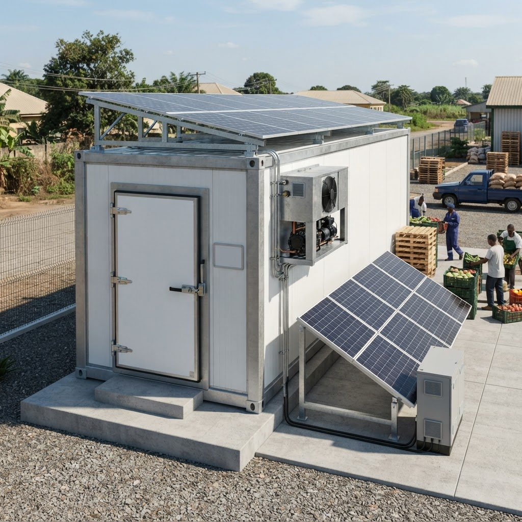 Premium modular containerised cold-room with rooftop and adjacent solar in an organised Nigerian yard