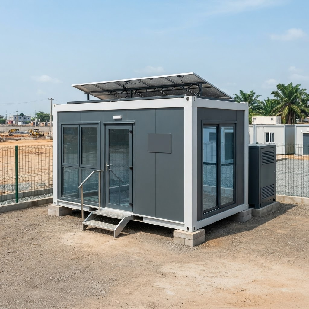 Engineered modular container office with integrated rooftop solar on a professional Nigerian site