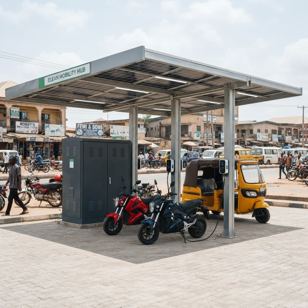 Modular solar-assisted charging shelter with electric motorcycles and a tricycle
