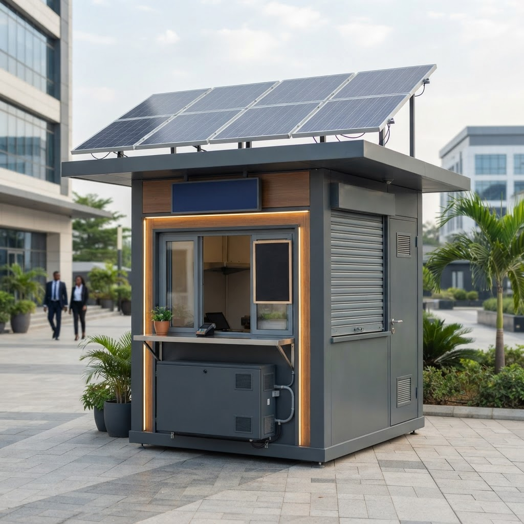 Engineered solar-powered commercial kiosk with rooftop canopy in a clean Nigerian commercial plaza