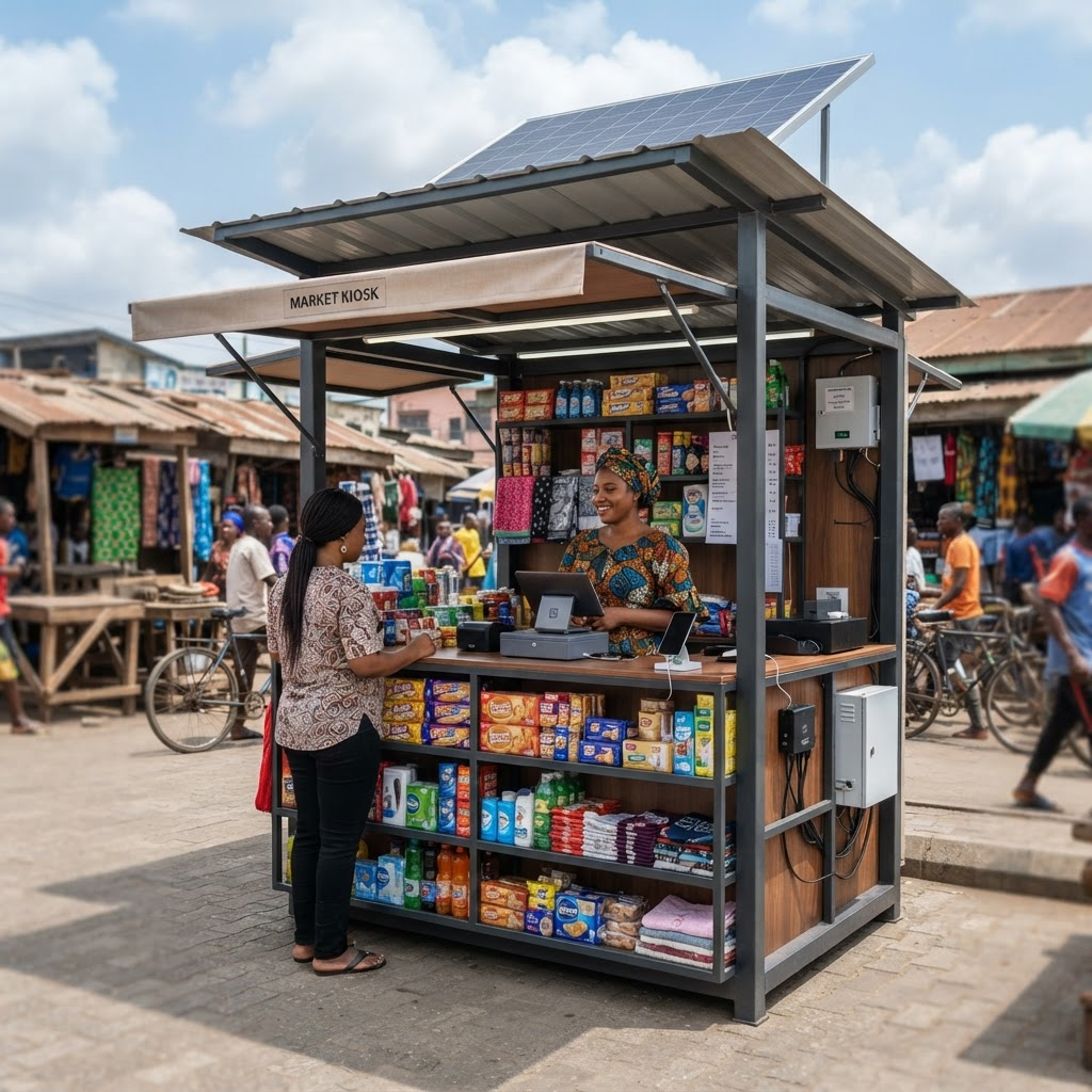 Modular energy-enabled retail market stall with a solar canopy in a Nigerian market