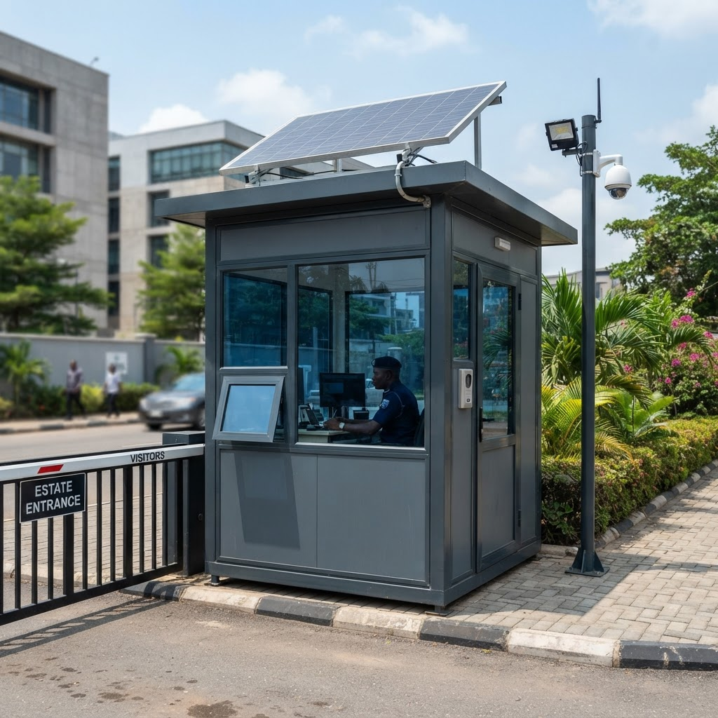 Compact solar-powered security booth with rooftop panel and CCTV at an estate entrance