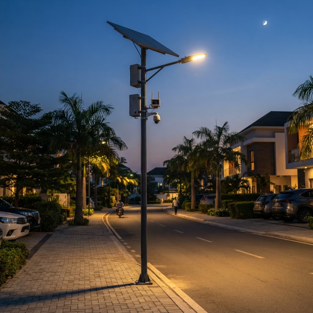 Integrated smart solar street lighting pole with CCTV and sensors at dusk