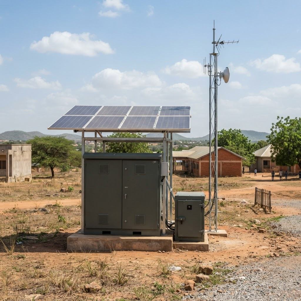 Modular solar-powered connectivity enclosure with an antenna mast in a remote Nigerian setting