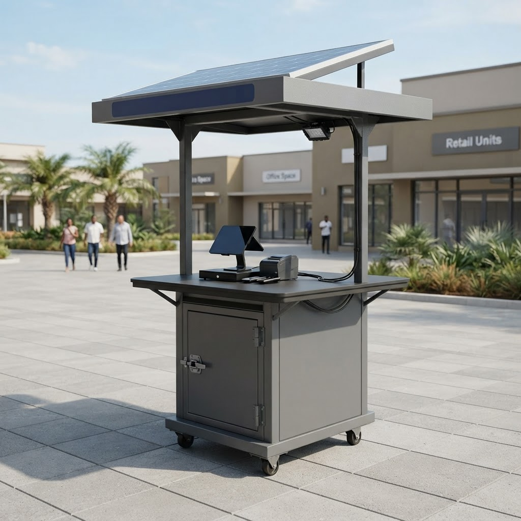 Purpose-designed solar POS and vending umbrella stand in a clean Nigerian commercial setting