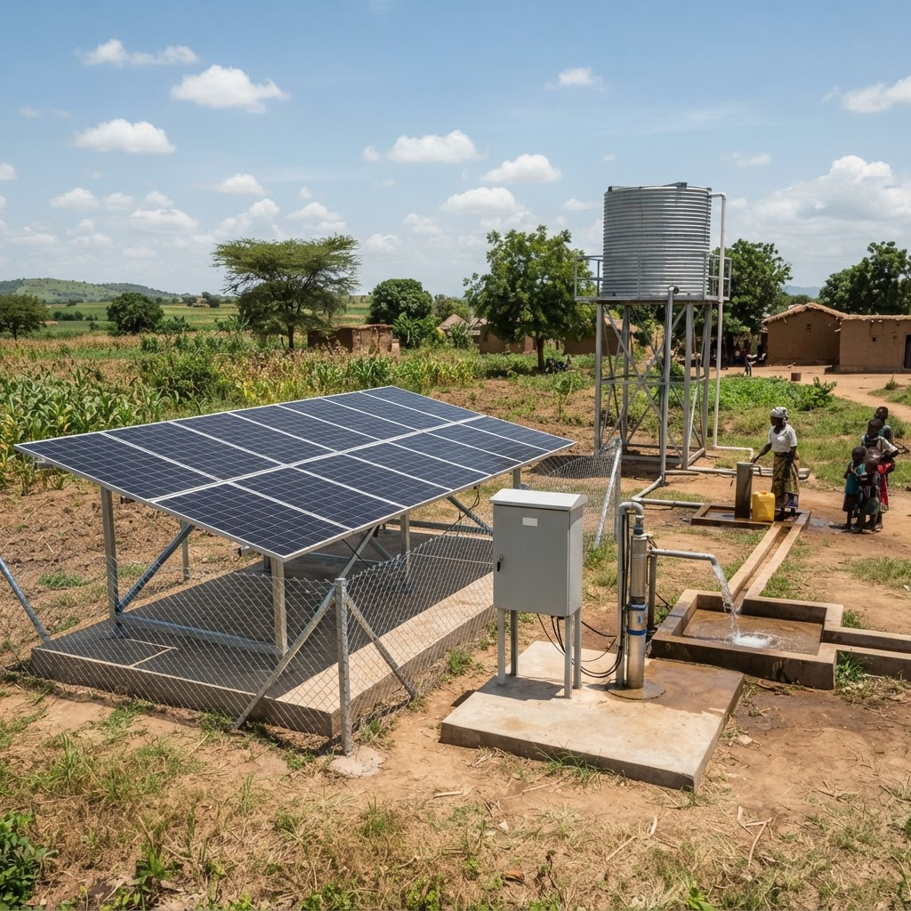 Solar-powered water pumping station with a ground-mounted PV array and storage tank