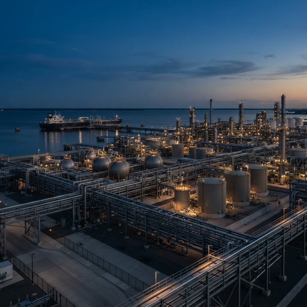 Modern gas-processing and petroleum terminal complex at dusk with organised pipework and storage tanks