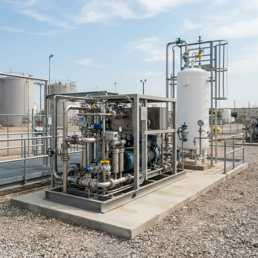 Modern natural gas conditioning and compression skid with organised pipework, valves and metering beside gas storage vessels