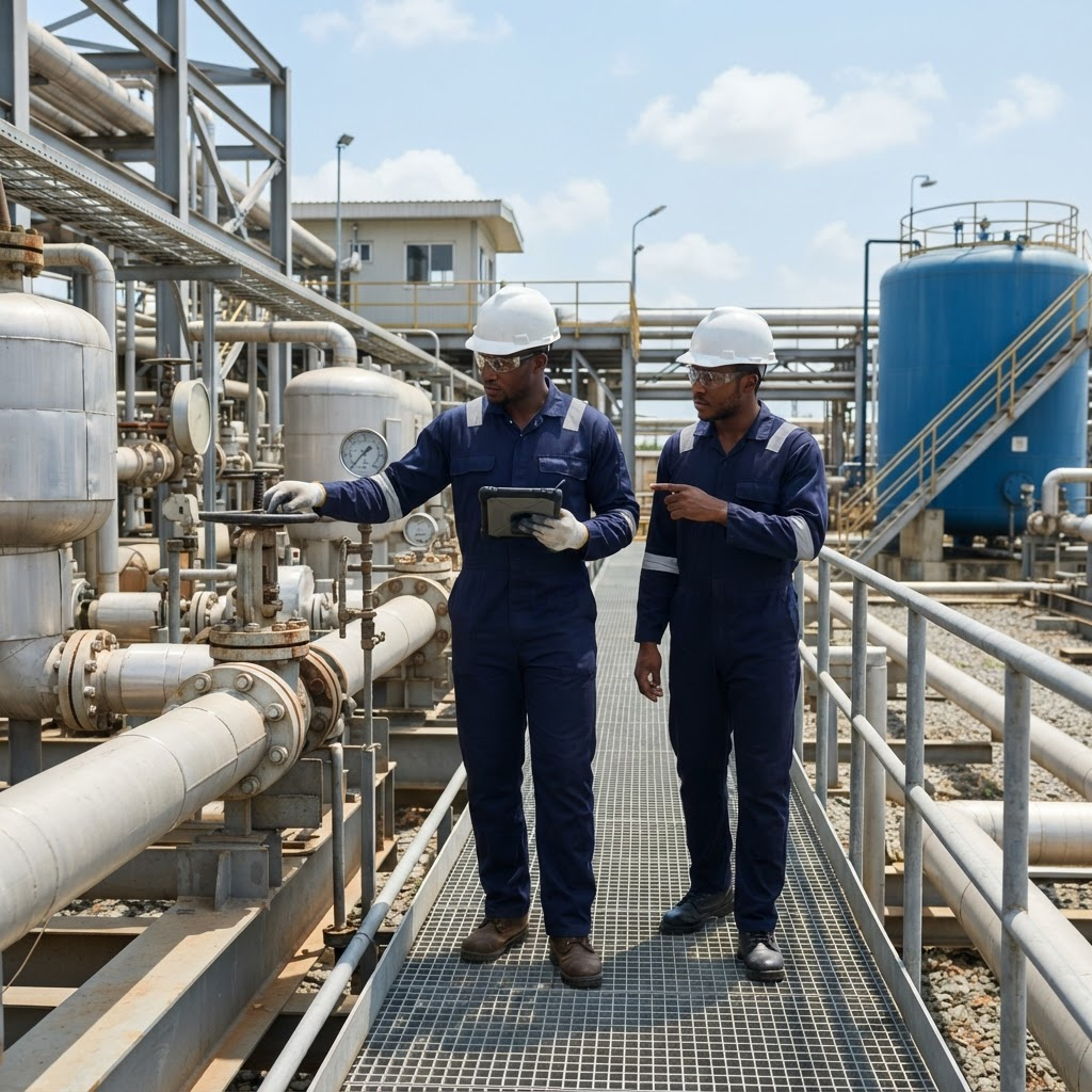 Nigerian technical personnel in hard hats and coveralls inspecting pipework and valves at a gas and industrial energy facility